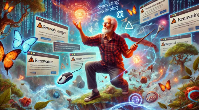 AI generated image of an older man battling the challenges of blog renovation