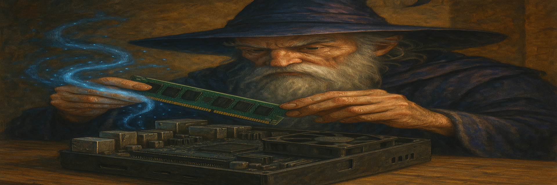 AI generated image of a wizard installing ram in a small computer
